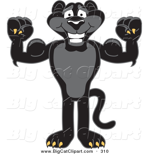 Big Cat Cartoon Vector Clipart of a Happy Black Jaguar Mascot Character Flexing His Muscles