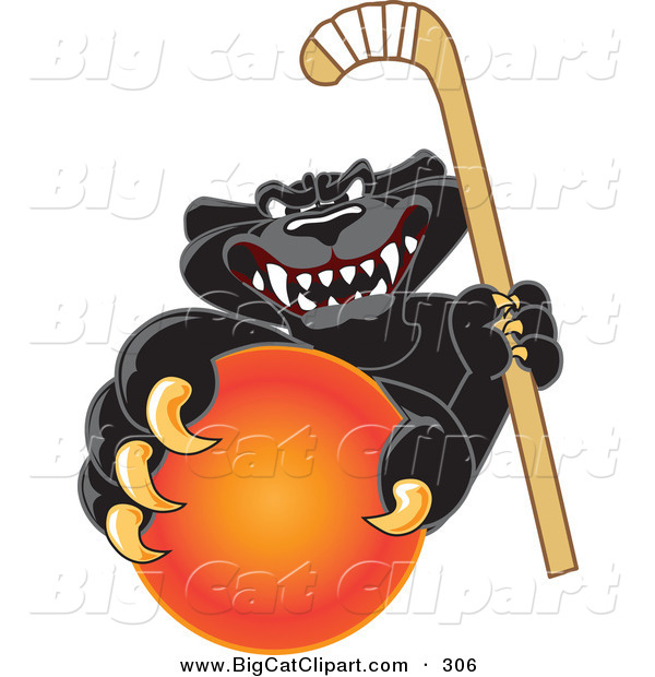 Big Cat Cartoon Vector Clipart of a Happy Black Jaguar Mascot Character Grabbing a Field Hockey Ball