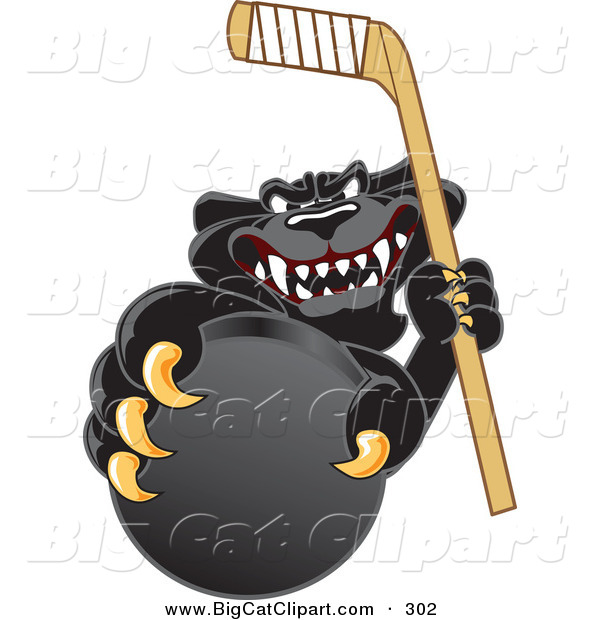 Big Cat Cartoon Vector Clipart of a Happy Black Jaguar Mascot Character Grabbing a Hockey Puck