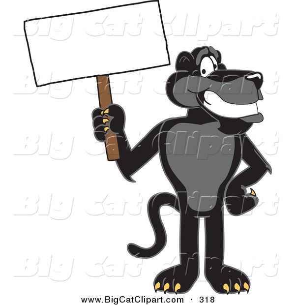 Big Cat Cartoon Vector Clipart of a Happy Black Jaguar Mascot Character Holding a Blank Sign