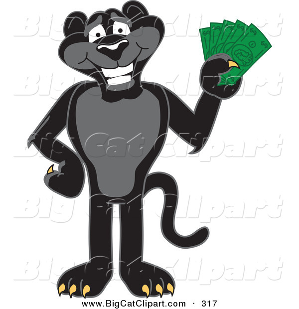 Big Cat Cartoon Vector Clipart of a Happy Black Jaguar Mascot Character Holding Cash