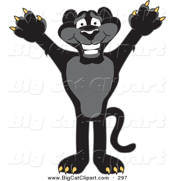 Big Cat Cartoon Vector Clipart of a Happy Black Jaguar Mascot Character Holding His Arms up