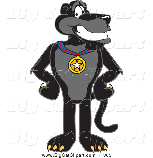 Big Cat Cartoon Vector Clipart of a Happy Black Jaguar Mascot Character Wearing a Medal
