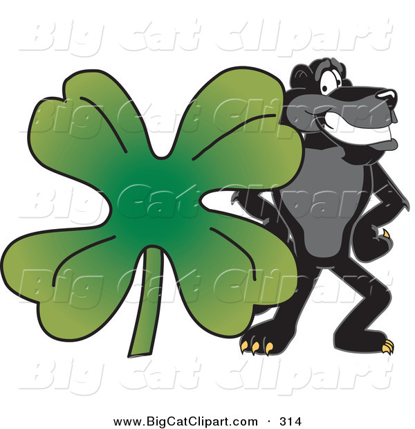 Big Cat Cartoon Vector Clipart of a Happy Black Jaguar Mascot Character with a Clover