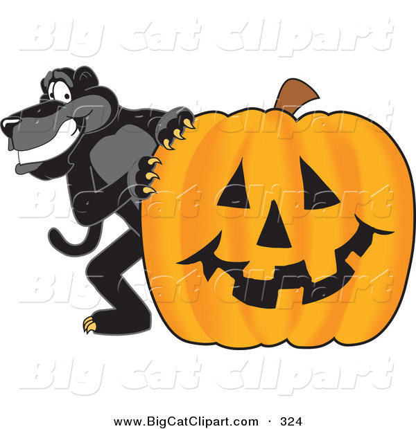 Big Cat Cartoon Vector Clipart of a Happy Black Jaguar Mascot Character with a Halloween Pumpkin