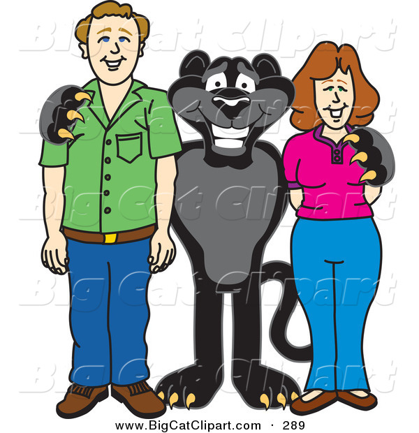 Big Cat Cartoon Vector Clipart of a Happy Black Jaguar Mascot Character with Adults
