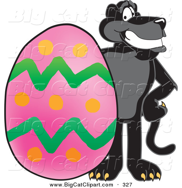 Big Cat Cartoon Vector Clipart of a Happy Black Jaguar Mascot Character with an Easter Egg