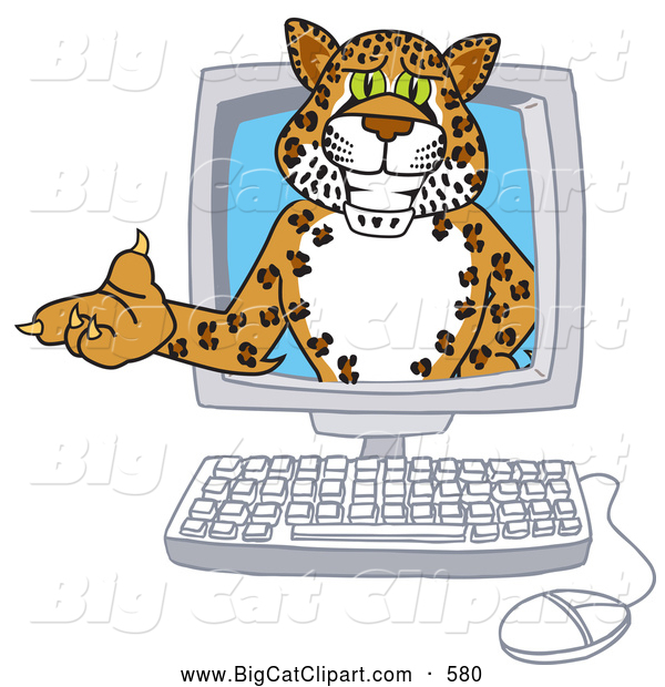 Big Cat Cartoon Vector Clipart of a Happy Cheetah, Jaguar or Leopard Character School Mascot in a Computer