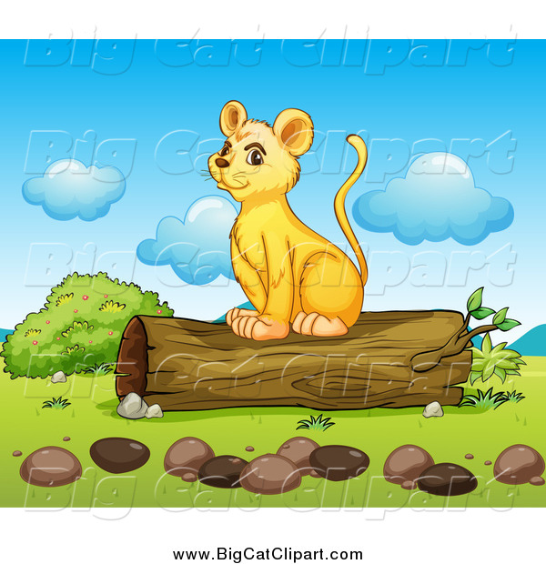 Big Cat Cartoon Vector Clipart of a Happy Lion Cub Sitting on a Log