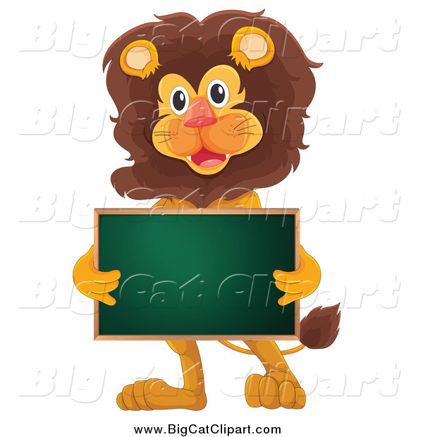 Big Cat Cartoon Vector Clipart of a Happy Lion Holding a Chalkboard