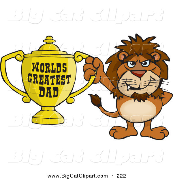 Big Cat Cartoon Vector Clipart of a Happy Lion Wildcat Character Holding a Golden Worlds Greatest Dad Trophy