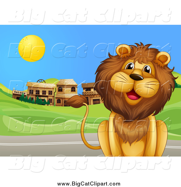 Big Cat Cartoon Vector Clipart of a Happy Male Lion by a Road and Ghost Town
