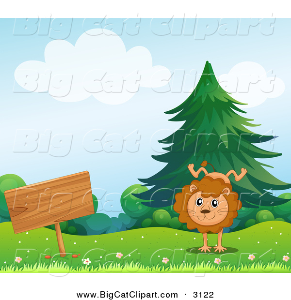 Big Cat Cartoon Vector Clipart of a Happy Male Lion Doing a Hand Stand by a Sign