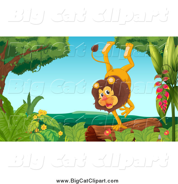 Big Cat Cartoon Vector Clipart of a Happy Male Lion Doing a Hand Stand on a Log