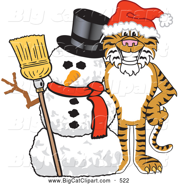 Big Cat Cartoon Vector Clipart of a Happy Tiger Character School Mascot with a Snowman