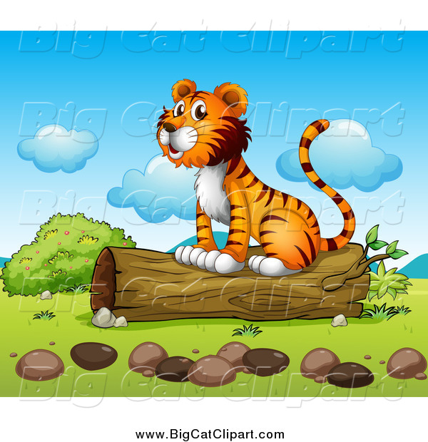 Big Cat Cartoon Vector Clipart of a Happy Tiger Sitting on a Log on a Sunny Day