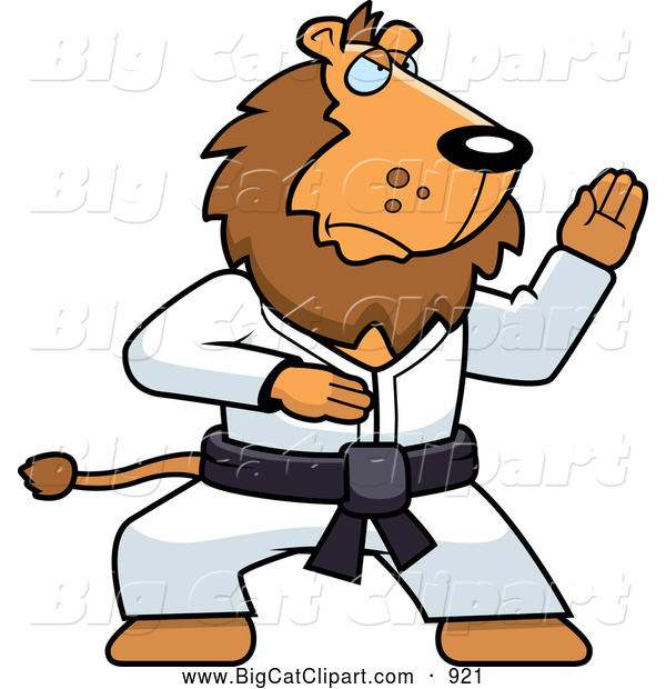 Big Cat Cartoon Vector Clipart of a Karate Lion with a Black Belt