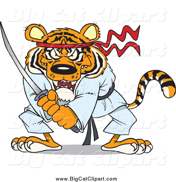 Big Cat Cartoon Vector Clipart of a Karate Samurai Tiger with a Sword