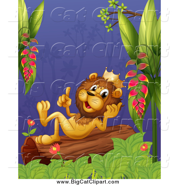 Big Cat Cartoon Vector Clipart of a King Lion Resting and Thinking on a Jungle Log