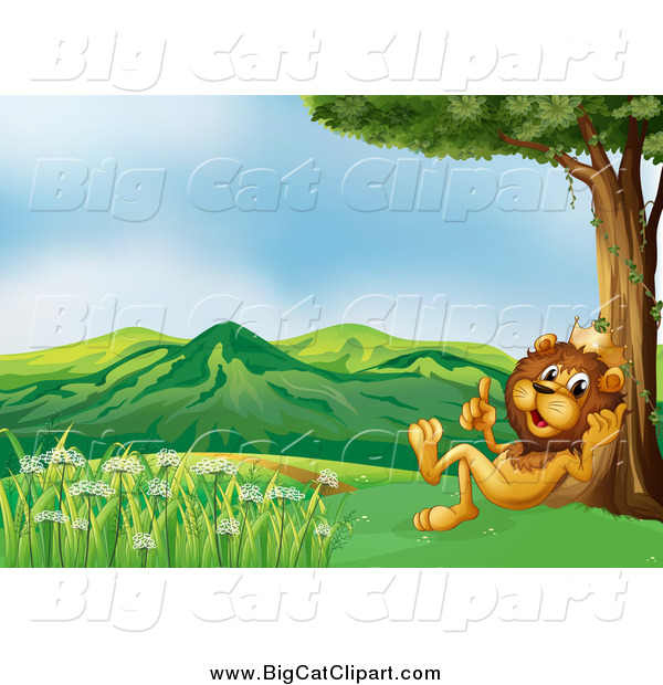 Big Cat Cartoon Vector Clipart of a King Lion Talking Under a Tree