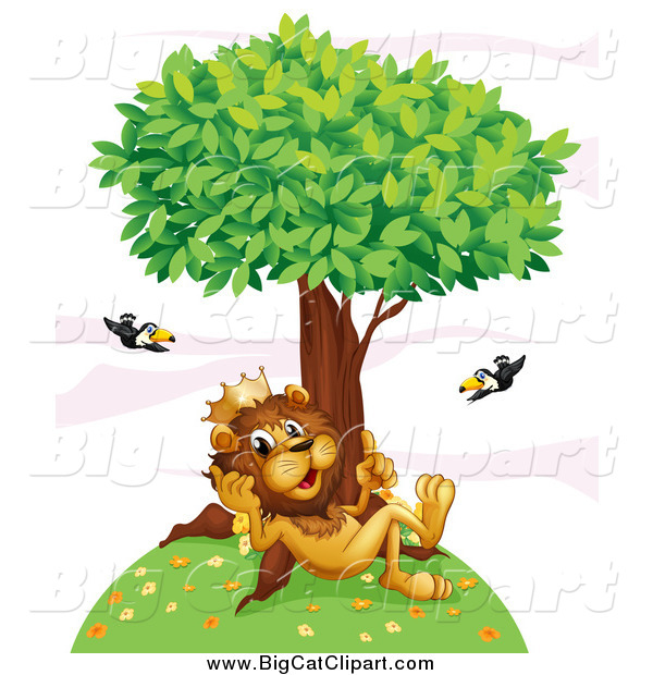 Big Cat Cartoon Vector Clipart of a King Lion Thinking on a Hill Under a Tree with Flying Toucans