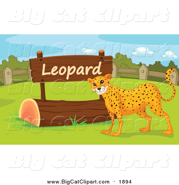 Big Cat Cartoon Vector Clipart of a Leopard by a Sign