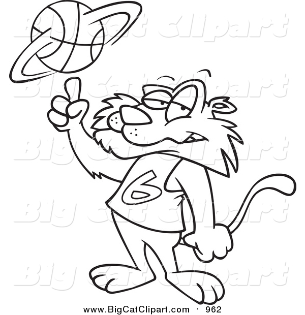 Big Cat Cartoon Vector Clipart of a Lineart Big Cat Spinning a Basketball