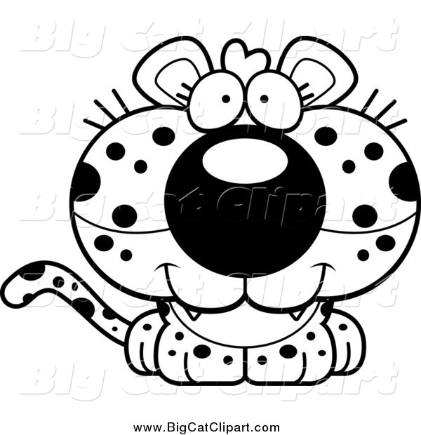 Big Cat Cartoon Vector Clipart of a Lineart Cute Happy Leopard Cub