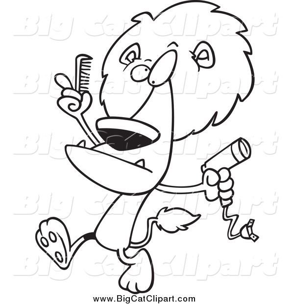 Big Cat Cartoon Vector Clipart of a Lineart Male Lion Using a Comb and Blow Dryer on His Mane