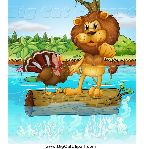 Big Cat Cartoon Vector Clipart of a Lion and a Turkey on a Floating Log
