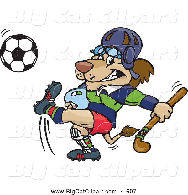 Big Cat Cartoon Vector Clipart of a Lion Carrying a Hockey Stick and Kicking a Soccer Ball, on White