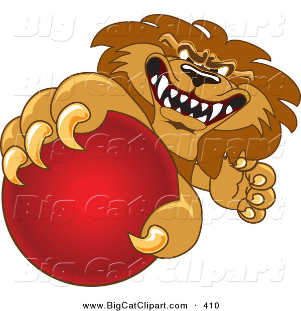 Big Cat Cartoon Vector Clipart of a Lion Character Mascot Grabbing a Red Ball on White