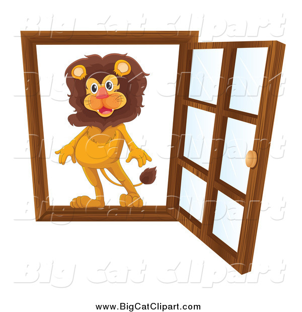Big Cat Cartoon Vector Clipart of a Lion in an Open Window