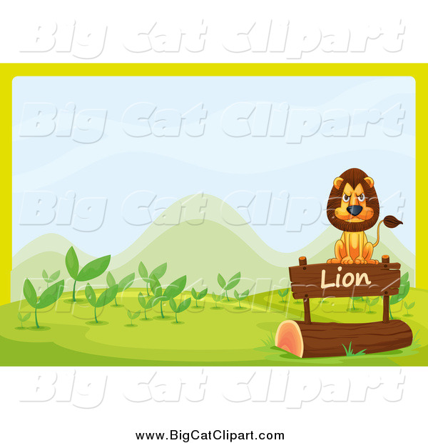 Big Cat Cartoon Vector Clipart of a Lion Sitting on a Sign over a Log