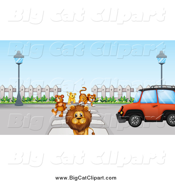 Big Cat Cartoon Vector Clipart of a Lion Tiger Cub and Bear Halting a Car at a Crosswalk