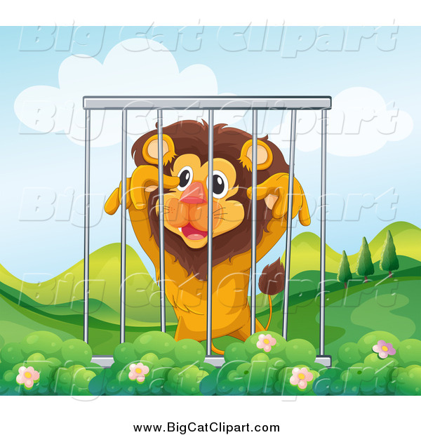 Big Cat Cartoon Vector Clipart of a Lion up in a Cage in a Hilly Landscape