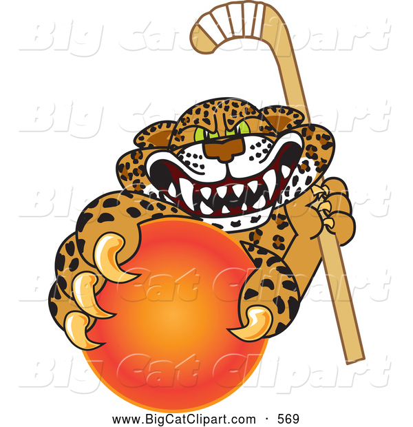Big Cat Cartoon Vector Clipart of a Mad Cheetah, Jaguar or Leopard Character School Mascot Grabbing a Hockey Ball