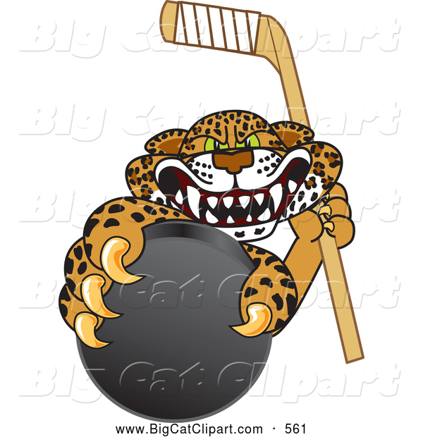 Big Cat Cartoon Vector Clipart of a Mad Cheetah, Jaguar or Leopard Character School Mascot Grabbing a Hockey Puck
