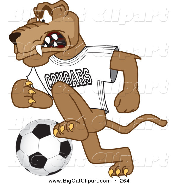 Big Cat Cartoon Vector Clipart of a Mad Cougar Mascot Character Playing Soccer