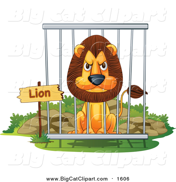 Big Cat Cartoon Vector Clipart of a Mad Male Lion in a Zoo Cage
