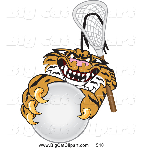 Big Cat Cartoon Vector Clipart of a Mad Tiger Character School Mascot Playing Lacrosse