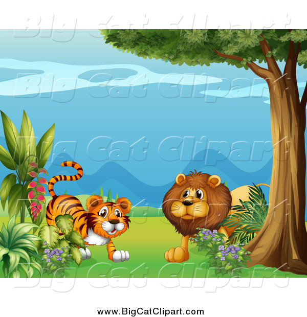 Big Cat Cartoon Vector Clipart of a Male Lion and Tiger Emerging from Foliage
