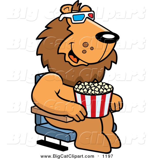 Big Cat Cartoon Vector Clipart of a Male Lion Eating Popcorn and Watching a 3d Movie at the Theater