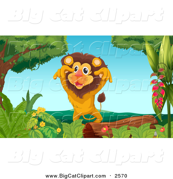 Big Cat Cartoon Vector Clipart of a Male Lion Lunging over a Log