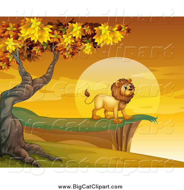 Big Cat Cartoon Vector Clipart of a Male Lion on a Cliff at Sunset