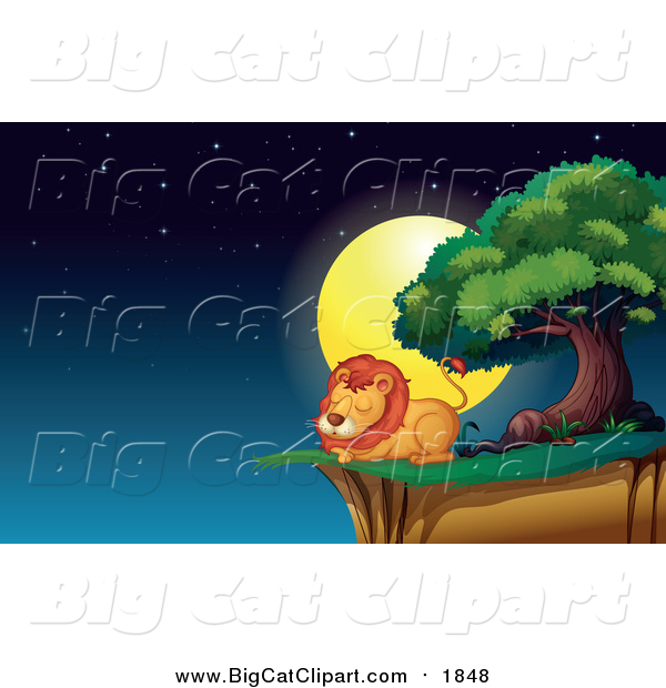 Big Cat Cartoon Vector Clipart of a Male Lion Resting on a Cliff at Night