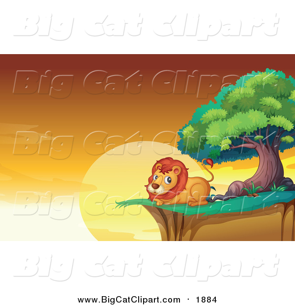 Big Cat Cartoon Vector Clipart of a Male Lion Resting on a Cliff at Sunset