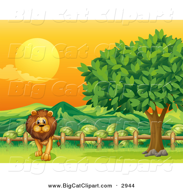 Big Cat Cartoon Vector Clipart of a Male Lion Walking by a Rail and Tree at Sunset