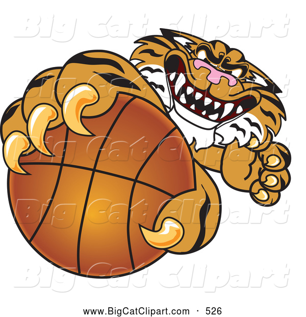 Big Cat Cartoon Vector Clipart of a Mean Tiger Character School Mascot Grabbing a Basketball