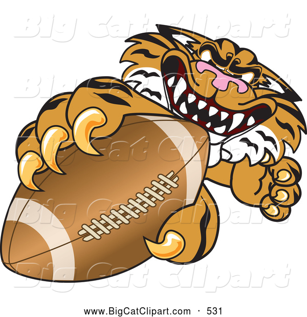 Big Cat Cartoon Vector Clipart of a Mean Tiger Character School Mascot Grabbing a Football
